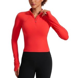 CRZ YOGA Vrouwen Butterleuse 1/2 Rits Lange Mouw Shirt Sport Pullover Crop Tops Fitness Gym Running Sweatshirt met Duimgat Diep rood M
