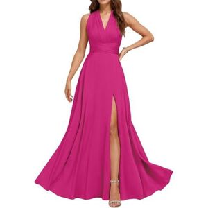 Chiffon bruidsmeisjesjurken voor dames, met split, lange baljurken, cocktailjurken, grote maten, roze (hot pink), 32