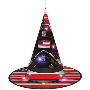 OdDdot Red Line Firefighter USA Flag Heksenhoed - LED gekleurd licht, geschikt voor Halloween, Kerstmis, rollenspel en meer