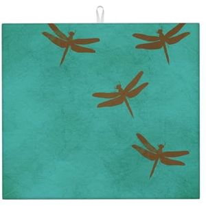 Libellen en groenblauw gekleurd, afwasmatten absorberende afdruiprek mat aanrecht gootsteen mat droogpad 41 x 46 cm