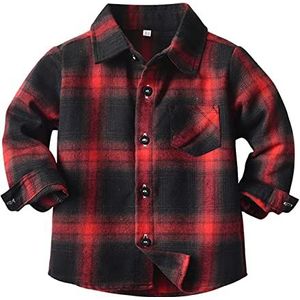 Jongens overhemden herfst shirt geruite jas lichte jas met knoopsluiting reverskraag casual bovenkleding overgangsjas klassieke kinderjas casual herfstjas lange mouwen jas, rood, 120 cm