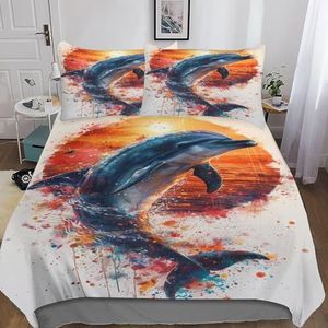 Euxclxcl Dolfijn Beddengoedset, dierenprint, voor meisjes en jongens, kinderen, 3D microvezel, bruin, dekbedovertrekset, kinderkamerdecoratie, tweepersoons (200 x 200 cm)