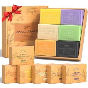 Natuurlijke zeep cadeauset, 6 stuks Badkamer badzeep, biologische zeep voor mannen en vrouwen, gezichts- en lichaamszeep, lavendel, amandel Havermout, kurkuma Kojiczuur, bamboehoutskool, etc. 6x100g