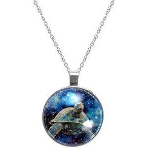 PAFEFO Blauwe Galaxy Schildpad Hanger Lange Ketting Munt Hanger Kettingen Ketting Charm Ketting Sieraden Voor Vrouwen Mannen, 30mm, Roestvrij staal Roestvrij staal Kristalglas, Geen edelsteen