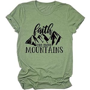 Faith Can Moves Mountains T-shirts voor dames, christelijke inspirerende tops, letterafbeelding, korte mouwen, F, Olijfgroen, XL