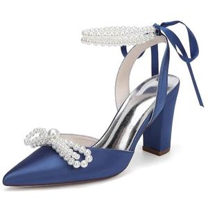 KYEGLO Puntige Satijnen Hakken Voor Dames Met Parelriempje Om De Enkel, Gesloten Sandalen Met Parelstrikje - Ideaal Voor Casual, Werk En Bruiloftskleding,Dark blue,36
