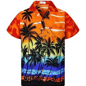 V.H.O. Funky Hawaïhemd heren korte mouwen voorzak Hawaii-print strand palmen diverse kleuren, Beach Orange, S