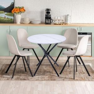 FurnitureR Ronde Houten Eettafel Set, 80cm Houten Keuken Tafel & 4 stks stoelen voor Eetkamer, Scandinavische Stijl Hout en Zwart, Wit Marmeren Tafel+4 stks Swivel Cream stoelen