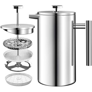 KICHLY - Roestvrij staal FRENCH PRESS/Franse Pers Koffiezetapparaat 34oz (1.0 Liter) met 3 Niveau Filtersysteem - Dubbelwandige Geïsoleerde Cafetière met 1 Extra Filter (Zilver)