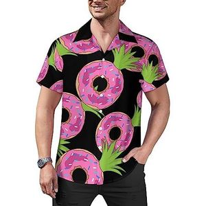 Ananasbladeren Donut Cupcake Heren Casual Button-Down Shirts Korte Mouw Cubaanse Kraag Tees Tops Hawaiiaans T-shirt M