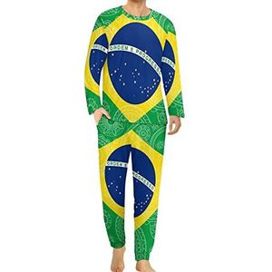 Braziliaanse Paisley vlag comfortabele heren pyjama set ronde hals lange mouwen loungewear met zakken XL