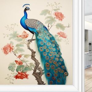 Vintage bloemen pauw gebrandschilderd glas raamfilm elegante natuur dier rustieke privacy raamfilm glazen deur bekleding niet-klevende raamstickers voor badkamer keuken 70 x 100 cm