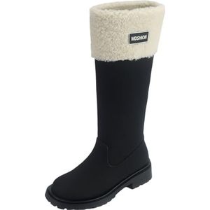 Smilice Leren sneeuwlaarzen voor dames, kniehoge laarzen met ronde teen, laarzen om aan te trekken voor de winter, zwart, 37 EU