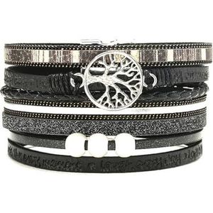 Handgeweven wikkelarmband met magnetische sluiting, casual armband in Boheemse stijl, meerlagige leren wikkelarmband, cadeau for vrouwen(Black)
