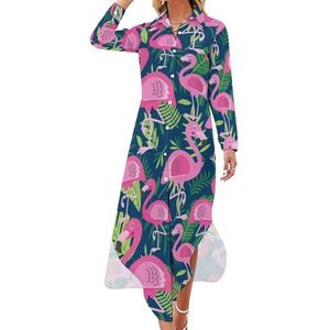 Palm Bladeren Flamingo Lange Mouw Maxi Shirt Jurken Voor Vrouwen Casual V-hals Knop Blouses 3XL
