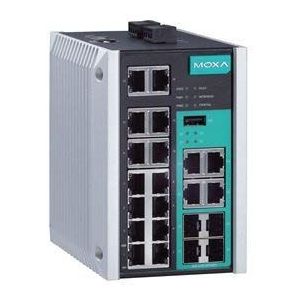 Managed Gigabit Ethernet switch with 14 10/100BaseT(X) ports, and 4 combo 10/100/1000BaseT(X) or 100/1000BaseSFP ports, -10 to 60°C operating temperature (No PSU, 14 Ports RJ-45 + 4 Combo Ports)
