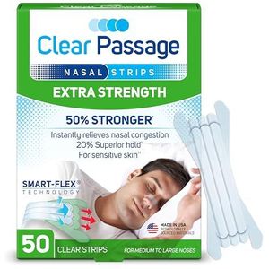 Clear Passage Neusstrips, duidelijke extra sterkte, 50 Count | Werkt direct om de slaap te verbeteren, snurken te verminderen en verstopte neus te verlichten door verkoudheid en allergieën