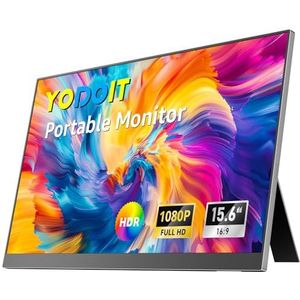 Yodoit Draagbare monitor 15,6 inch 1920 × 1080 FHD-scherm IPS-scherm met standaard, USB Type C-poort en ingebouwde luidsprekers met Smart Cover Monitor compatibel met pc, laptop, MacBook, Xbox