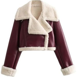 Warme Korte Winterjas for Dames, Gevoerd Met Imitatieleer en Kraag Met Omslag(Jujube Red,XS)