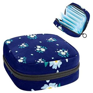 Opbergtas voor maandverband Pads, Menstruatie Cup Pouch, Periode Bag Organizer voor vrouwelijke Pads Tampons, Lichtblauwe bloemen Royal Blue achtergrond
