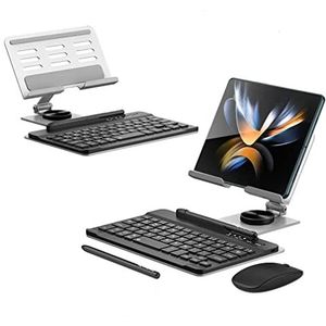 Toetsenbord en muis Set met Pen & Telefoon Stander Compatibel voor Samsung Galaxy Z Fold 4/Fold 3/ Fold 2 Draadloos Toetsenbord + Bluetooth Muis +Potlood +Draaibare Stand (Zilver)