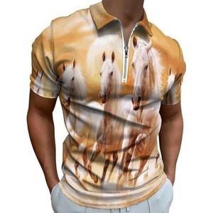 Witte Running Horses Zonsondergang Half Zip-up Polo Shirts Voor Mannen Slim Fit Korte Mouw T-shirt Sneldrogende Golf Tops Tees 4XL