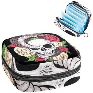 Opbergtas voor maandverband, menstruatiecup zakje tampon tas, menstruatiepads, houder organizer voor vrouwen en meisjes, schedel met slangenbloemen