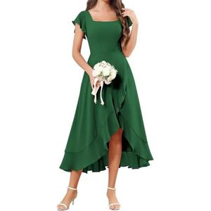 Korte Mouw Bruidsmeisje Jurken voor Bruiloft Hoge Lage Chiffon Formele Avond Party Maxi Gown Thee Lengte AH157, Emerald Groen, 32