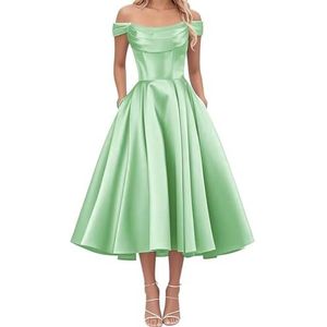 AHERKLL Thee Lengte Bruidsmeisjes Jurken voor Junioren Off Shoulder Satijn Avond Cocktail Party Maxi Jurk met Zak HAH050, Munt, 40