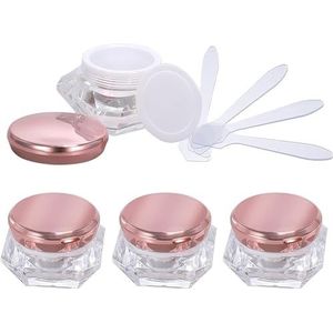 Cosmetische potten, 4 stuks, lege 10 ml transparant acryl diamantvorm cosmetische container gezichtscrème lotion potten pot met roze deksels + 4 x lepel