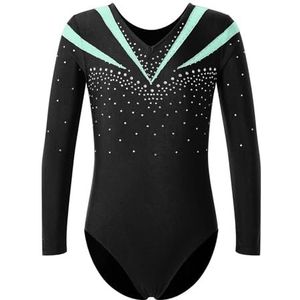 Turnpakje voor kinderen, balletdanspak, turnpakje, lange mouwen, glanzende strass-steentjes, schaatsen, danskleding, turnpakje dans (lichtgroen