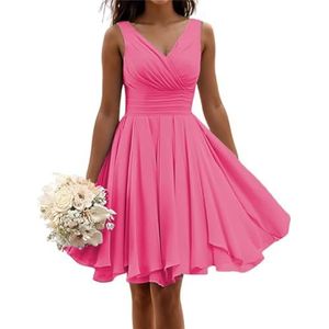 Korte bruidsmeisjes jurken voor vrouwen mouwloze geplooide chiffon V-hals A-lijn formele jurken avondjurken, roze (hot pink), 56