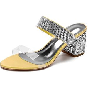 SYDZSW Bruiloftsschoenen Dikke Hak Bruidsschoenen Hoge Hakken Satijn Ivoor Sandalen Bruidsband met Strass 35-43, Goud, 43 EU