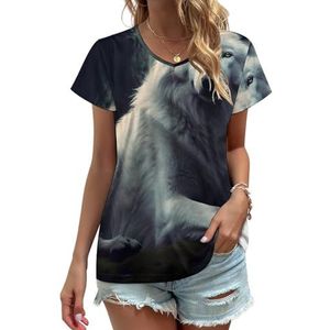 Goodaily Witte Wolf Wolven Dames V-hals T-shirts Leuke Grafische Korte Mouw Casual Tee Tops M