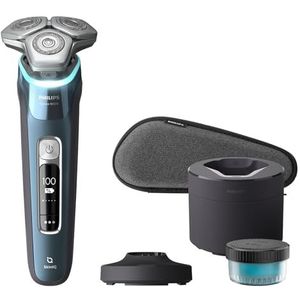 Philips Elektrisch Scheerapparaat Series 9000, nat en droog, ijsblauw, Lift & Cut scheersysteem en SkinIQ Technologie, pop-up trimmer, reinigingsstation, oplaadstandaard en reisetui, model S9982/55
