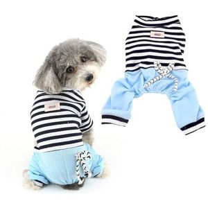 Ranphy Kleine Hond Streep Jumpsuit Puppy Pyjama Met Broek Comfortabele Katoen Pet Kleding Kat Kleding Pyjama PJS Shirt Jongens voor Zomer Herfst Blauw Maat L