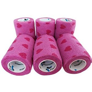 PintoMed 6X Pink & Hearts Draw x 7,5 cm x 4,5 m samenhangend verband uitgerekt, zelfklevende flexibele verbanden, EHBO-sportwikkelverbanden individueel voor medisch, sport en veterinair gebruik.