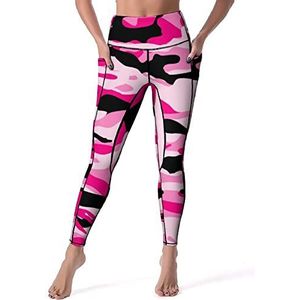 Roze Camo Vrouwen Yoga Broek met Zakken Hoge Taille Legging Panty voor Workout Gym