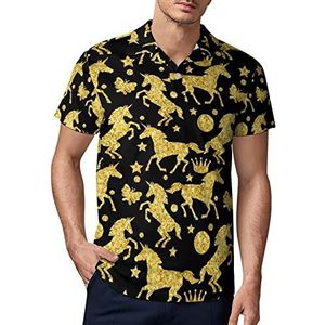 Gouden Glitter Eenhoorns Heren Golf Polo-Shirt Zomer Korte Mouw T-Shirt Casual Sneldrogende Tees XL