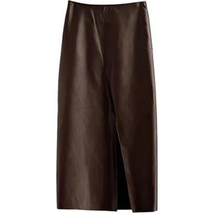 KWISUAWHGA Elegante PU Leren Midi-Rok Voor Dames, Bodycon Met Split, Hoge Taille, Casual, Sexy, Zakelijke Kantoorwerk-Rokken,Bruin,L