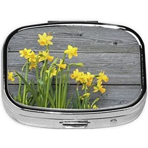 Mini vierkante pillendoos, medicijnorganizer, boeket narcissen, draagbare EHBO-doos, reispillendoos met 2 vakken, kleine pillendoos voor zak of portemonnee