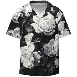YJxoZH Zwart Wit Rose Print Heren Jurk Shirts Casual Button Down Korte Mouw Zomer Strand Shirt Vakantie Shirts, Zwart, XXL