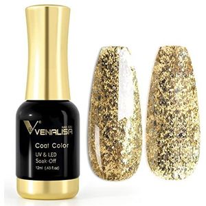 Venalisa gellak, glitter, goudkleurig, gel-nagellak, soak off, kleurgelkit, goudgel, nageldesign, manicure, 12 ml