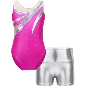 Gymnastiekpak voor meisjes, mouwloos, korte broek met strass-steentjes, balletdanskostuum, metallic, voor jongens, Roze, 14