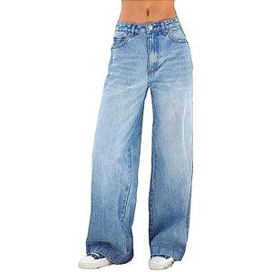 Damesjeans Stretch Denim Jeans Met Wijde Pijpen Rechte Broek Casual Katoen Relaxed Fit Baggy Losse Broek(Size:S)