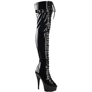 Vrouwen Sexy Open Teen Over De Knie Laarzen Exotische Stiletto Lace Up Dij Hoge Laarzen Met Zijrits Voor Pole Dance Model Catwalk, Zwart, 39