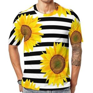 Zonnebloemen op zwart wit gestreept grafisch T-shirt met korte mouwen voor heren ronde hals print casual T-shirt M