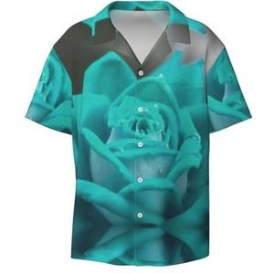 TyEdee Pretty Rose Print Heren Korte Mouw Overhemd met Zak Casual Button Down Shirts Business Shirt, Zwart, 4XL