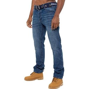 989Zé ENZO Heren rechte been jeans broek normale pasvorm denim broek gratis riem, Blauw, 32W / 30L