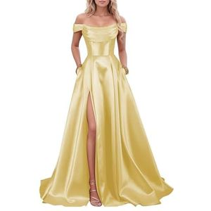 KIYNE Satijnen baljurken met split voor dames, A-lijn, baljurk, korset, formele avondjurk, Geel, 32